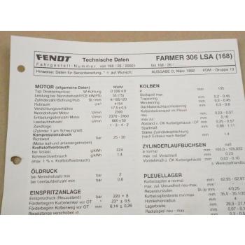 Fendt Farmer 306 LSA 168 Werkstatt Einstellwerte Technische Daten 1992