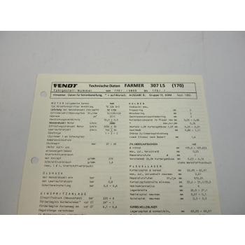 Fendt Farmer 307 LS 170 Datenblatt Anzugswerte Technische Daten 1990
