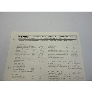 Fendt Farmer 307 LS LSA 175 Datenblatt Anzugswerte Technische Daten 1991