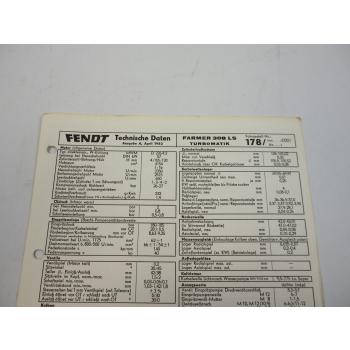 Fendt Farmer 308 LS 178 Turbomatik Datenblatt Anzugswerte Technische Daten 1982