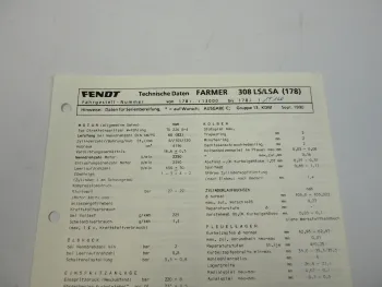 Fendt Farmer 308 LS LSA 178 Datenblatt Anzugswerte Technische Daten 1990