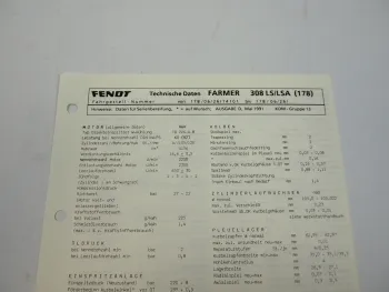 Fendt Farmer 308 LS LSA 178 Datenblatt Anzugswerte Technische Daten 1991