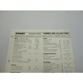 Fendt Farmer 309 LS LSA 186 Datenblatt Anzugswerte Technische Daten 1985