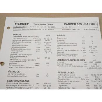 Fendt Farmer 309 LSA 186 Werkstatt Einstellwerte Technische Daten 1992