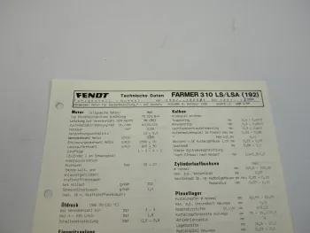 Fendt Farmer 310 LS LSA 192 Datenblatt Anzugswerte Technische Daten 1988