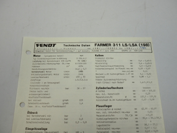 Fendt Farmer 311 LS LSA 198 Datenblatt Anzugswerte Technische Daten 1985