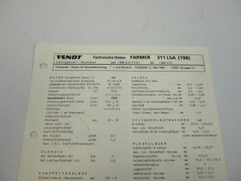 Fendt Farmer 311 LSA 198 Werkstatt Datenblatt Anzugswerte Technische Daten 1991