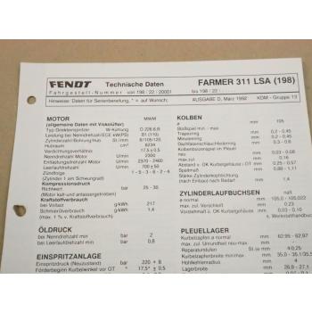 Fendt Farmer 311 LSA 198 Werkstatt Einstellwerte Technische Daten 1992