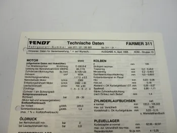 Fendt Farmer 311 Werkstatt Datenblatt 1995 Anzugswerte Technische Daten