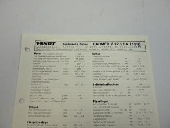 Fendt Farmer 312 LSA 199 Werkstatt Datenblatt Anzugswerte Technische Daten 1987