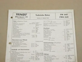 Fendt Farmer 5 S Turbo FW 268 Werkstatt Einstellwerte Technische Daten 1970 A