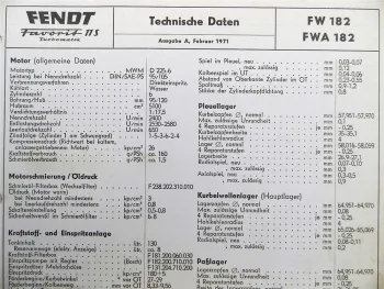 Fendt Favorit 11S Turbomatik FW 182 FWA 182 Technische Daten Anzugswerte 1971