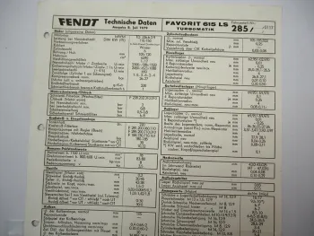 Fendt Favorit 615 LS Turbomatik 285 Technische Daten Anzugswerte Datenblatt 1979