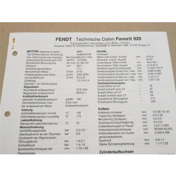 Fendt Favorit 920 Werkstatt Einstellwerte Technische Daten 1998
