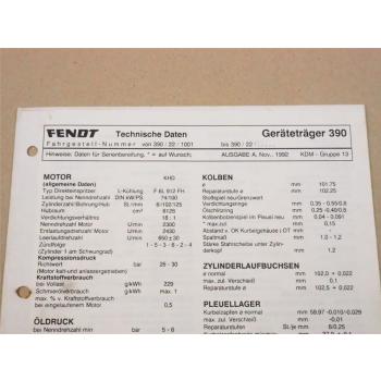 Fendt Geräteträger 390 Werkstatt Einstellwerte Technische Daten 1992