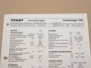 Fendt Geräteträger 390 Werkstatt Einstellwerte Technische Daten 1992