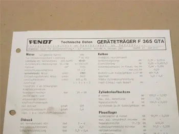 Fendt Geräteträger F 365 GTA Werkstatt Einstellwerte Technische Daten 1987