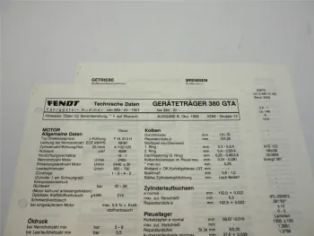 Fendt Geräteträger F 380 GTA Technische Daten Anzugswerte Datenblatt 1996