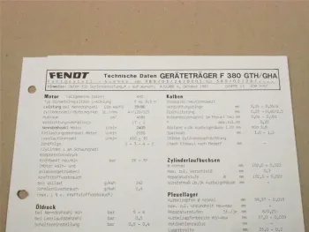 Fendt Geräteträger F 380 GTH GHA Werkstatt Einstellwerte Technische Daten 1987