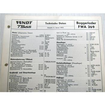 Fendt TS 65 FWA 269 Baggerlader Technisches Datenblatt Anzugswerte 1973