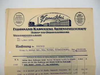 Ferdinand Karnatzki AG Schokoladenfabrik Wernigerode Burgmühle Rechnung 1926