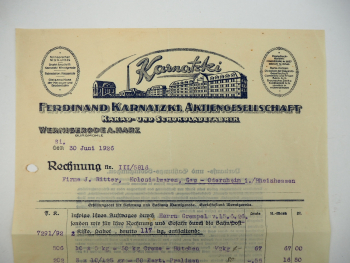 Ferdinand Karnatzki AG Schokoladenfabrik Wernigerode Harz Rechnung 1926