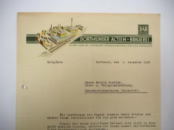 Firmenbrief DAB Dortmunder Actien Brauerei 1936 Dortmund