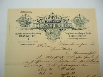 Firmenbrief M. Schuster Dampf Kaffee Brennerei Bonn 14.01.1901