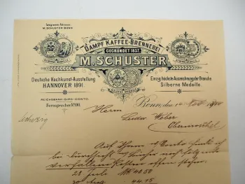 Firmenbrief M. Schuster Dampf Kaffee Brennerei Bonn 14.11.1900