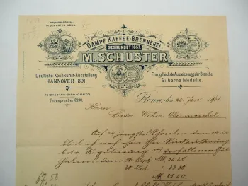 Firmenbrief M. Schuster Dampf Kaffee Brennerei Bonn 26.01.1901