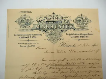 Firmenbrief M. Schuster Dampf Kaffee Brennerei Bonn 28.02.1900