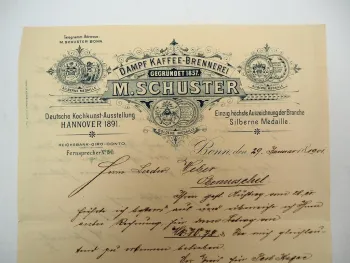 Firmenbrief M. Schuster Dampf Kaffee Brennerei Bonn 29.01.1901