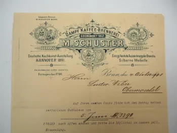 Firmenbrief M. Schuster Dampf Kaffee Brennerei Bonn 4.10.1901