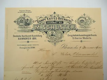Firmenbrief M. Schuster Dampf Kaffee Brennerei Bonn 9.01.1900