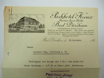 Firmenbrief Parkhotel Kreuz Bad Dürrheim Baden Württemberg 1927