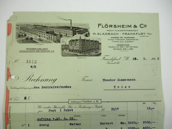 Flörsheim Co. Mönchengladbach Frankfurt Mech. Kleiderfabriken Rechnung 1922
