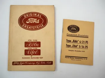 Ford Köln 21 PS Eifel 34 PS Ersatzteilliste Ersatzteil Preisliste 1937