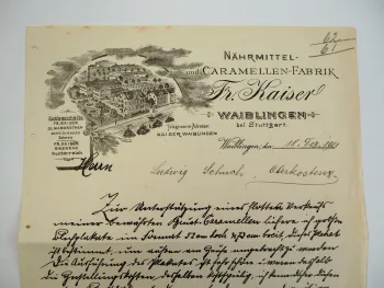 Fr. Kaiser Waiblingen bei Stuttgart Bonbon Caramellen Fabrik Geschäftsbrief 1901