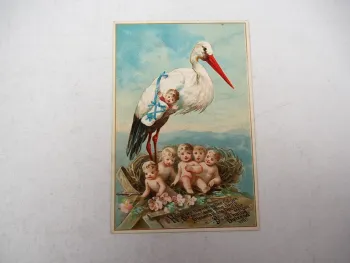 Glückwunschkarte Geburt Baby Storch Lithographie ca. 1886