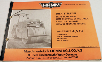 Hamm Typ 4,5 TD Walze Parts List Pieces de rechange Ersatzteilliste 1978