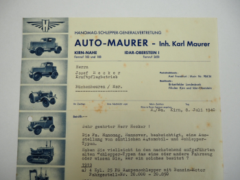 Hanomag Geschäftsbrief Auto Maurer Kirn Nahe 1940