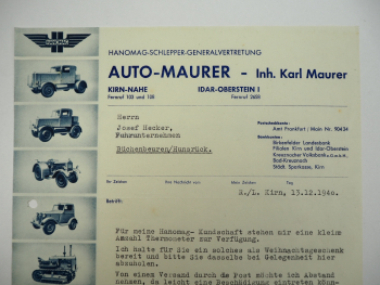 Hanomag Geschäftsbrief Auto Maurer Kirn Nahe 1940