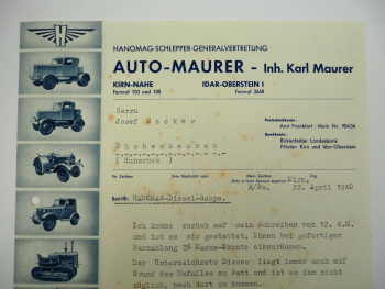 Hanomag Geschäftsbrief Diesel Raupe Auto Maurer Kirn Nahe 1940