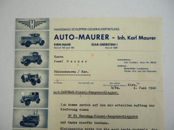 Hanomag Geschäftsbrief Diesel Raupenschlepper 50 PS Auto Maurer Kirn Nahe 1940