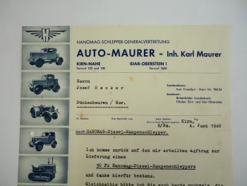 Hanomag Geschäftsbrief Diesel Raupenschlepper 50 PS Auto Maurer Kirn Nahe 1940