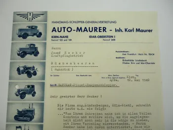 Hanomag Geschäftsbrief Diesel Raupenschlepper Auto Maurer Kirn Nahe 1940