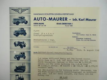Hanomag Geschäftsbrief Diesel Raupenschlepper Auto Maurer Kirn Nahe 1940