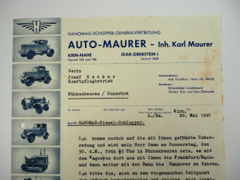 Hanomag Geschäftsbrief Diesel Schlepper Auto Maurer Kirn Nahe 1940