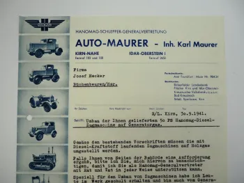 Hanomag Geschäftsbrief Diesel Zugmaschine Auto Maurer Kirn Nahe 1941