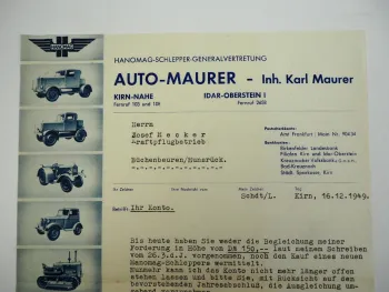 Hanomag Geschäftsbrief Firma Auto Maurer Kirn Nahe 1949
